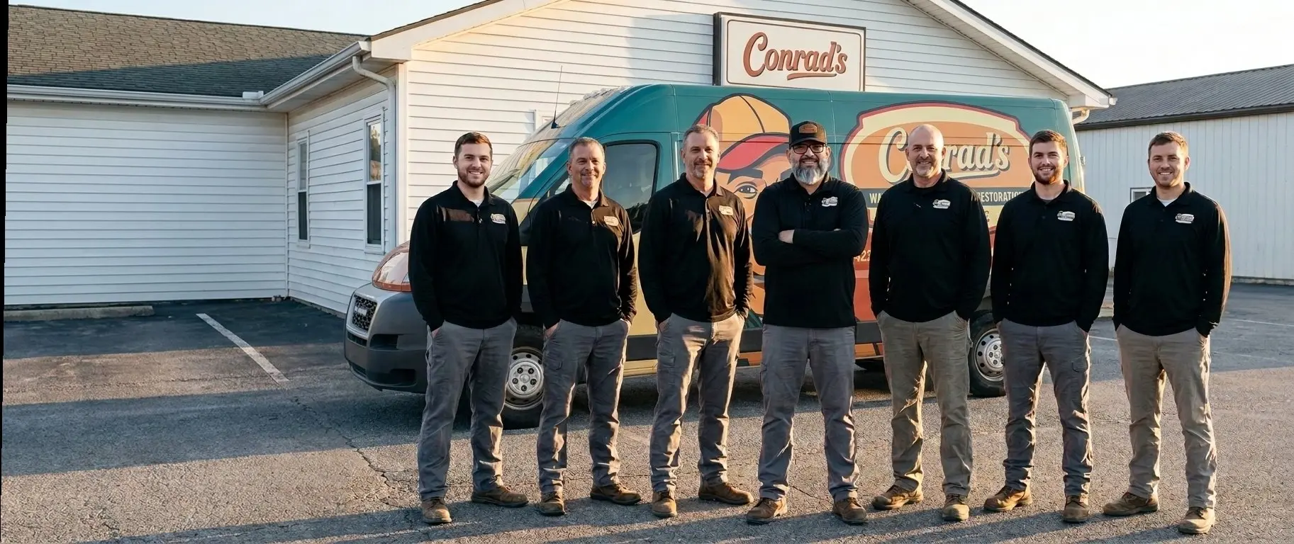 Seven crew members standing in front of the Conrad's van and office, water and fire damage restoration in East Tennessee
