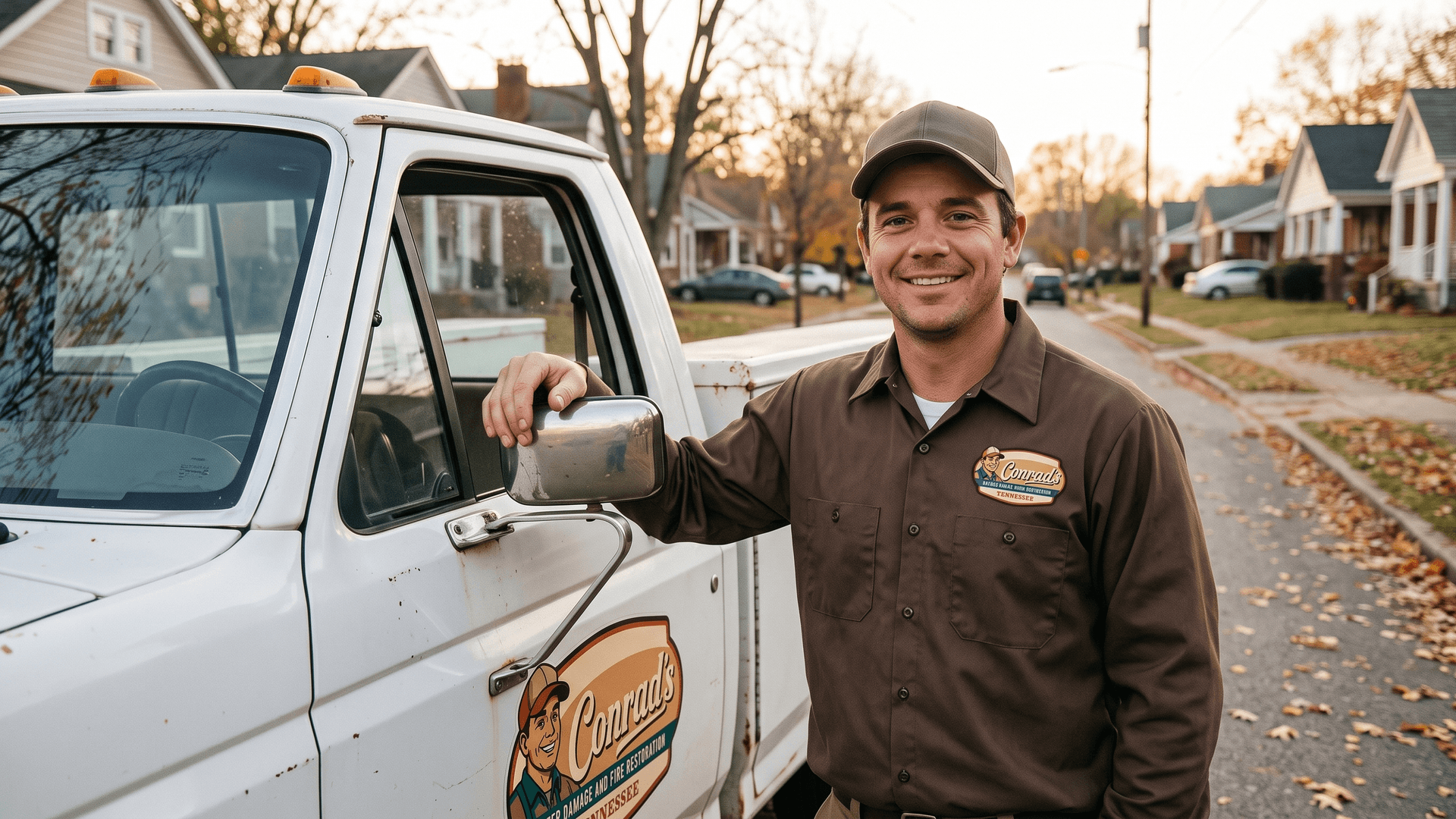 A Conrad's technician beside the company truck at a job in Johnson City, TN.