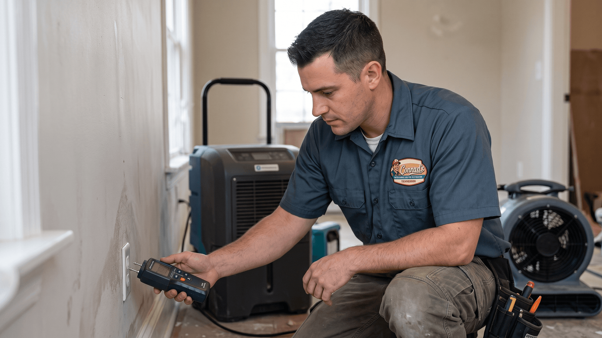 Conrad's technician taking moisture readings during a water damage job in Johnson City, TN.